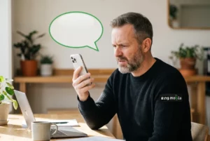 אדם מתוסכל מביט במסך האייפון שלו במהלך שיחה, כאשר מעל המכשיר מרחפת בועת דיבור ריקה המסמלת חוסר תקשורת.