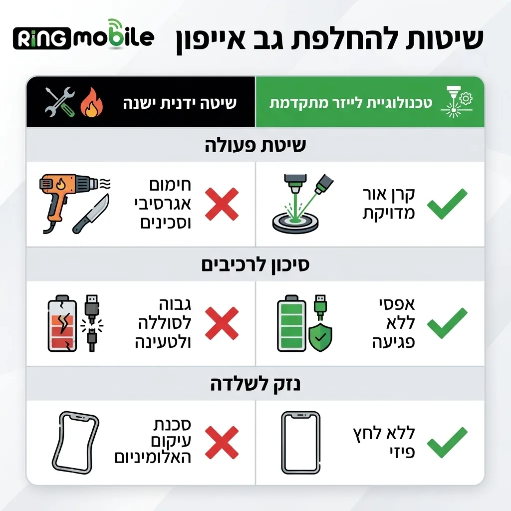 אינפוגרפיקה — שיטות להחלפת גב אייפון: השוואה בין שיטה ידנית ישנה, טכנולוגיית לייזר מתקדמת