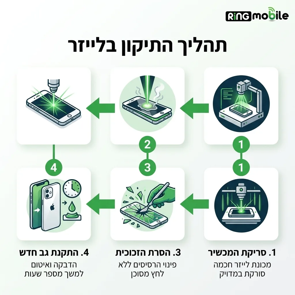 אינפוגרפיקה — תהליך התיקון בלייזר: סריקת המכשיר, המסת הדבק, הסרת הזכוכית, התקנת גב חדש