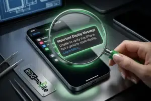 צילום מסך של ההתראה 'Important Display Message' בתוך אפליקציית ההגדרות, מודגש עם זכוכית מגדלת ויזואלית.